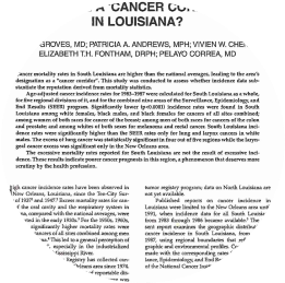 A circular crop of a research article about cancer in Louisiana, highlighting cancer alley myths and the Louisiana chemical industry.
