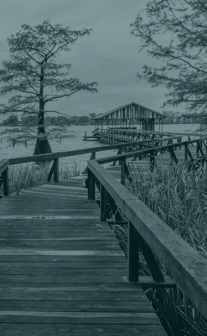 A wooden boardwalk leads over water to a covered structure, nestled in tall grass and trees near the Louisiana industrial corridor.